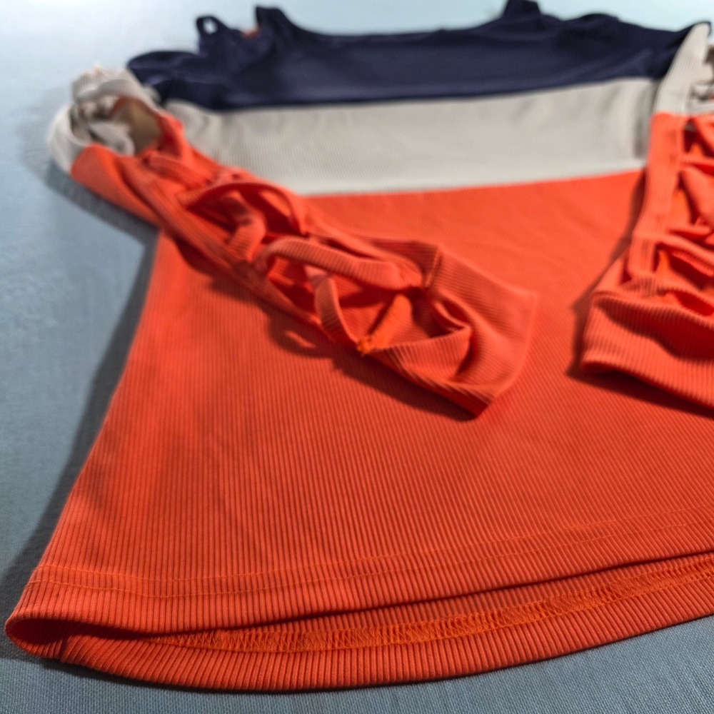 ChicMe Colorblock Ribbed Cold Shoulder Top Lattice Cut Out Sleeve Orange XL